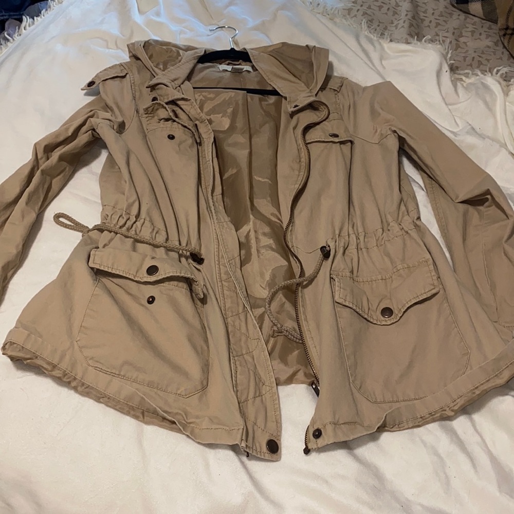 Tan rain jacket with hood!